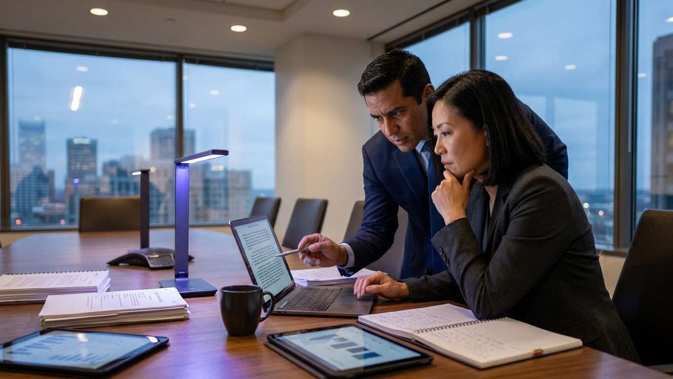 A lawyer reviewing data-driven software tools on a dual-screen monitor setup
