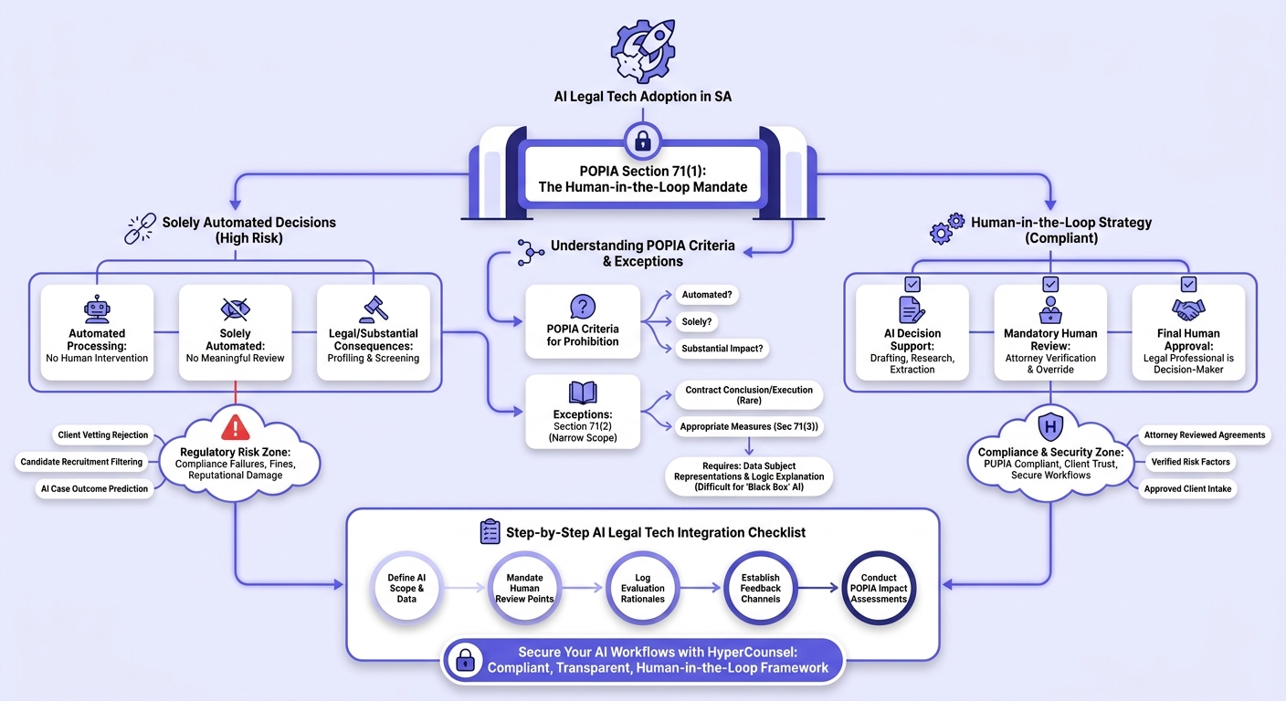 Infographic explaining: The Human-in-the-Loop Mandate: Why POPIA Section 71(1) is Now the Primary Guardrail for AI Legal Tech in SA Firms