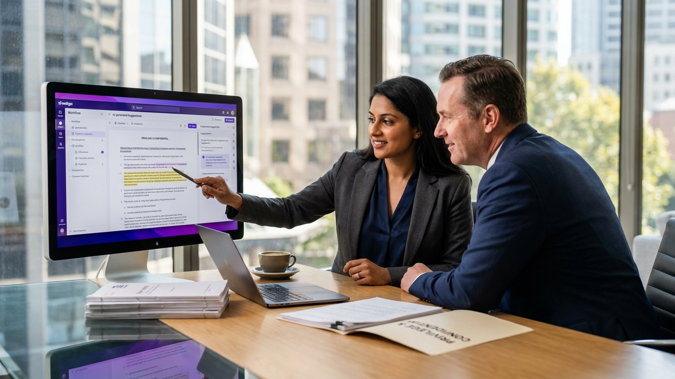 A corporate lawyer in Australia reviewing legal documents on a digital tablet with clear AI metrics visualization