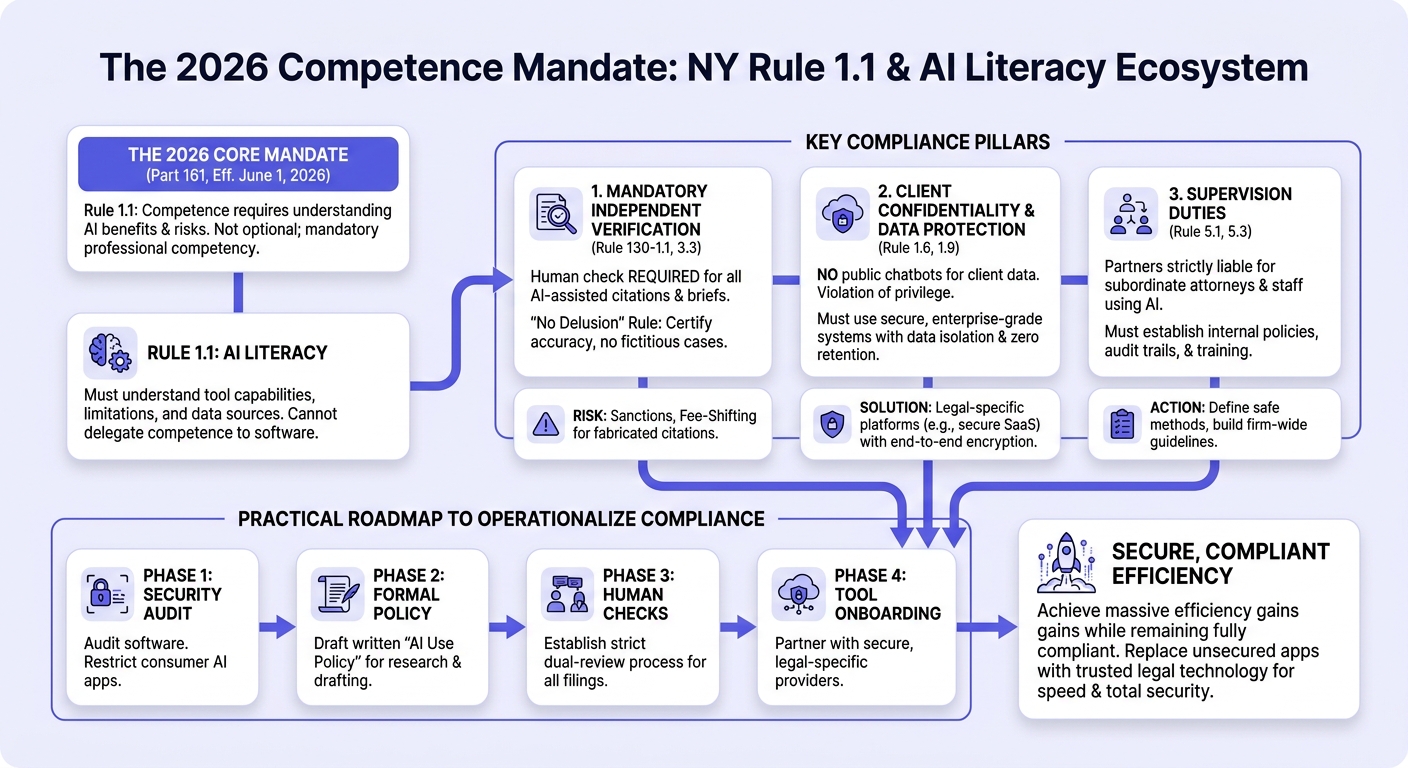 Infographic: Detailed visual breakdown of the New York Rule 1.1 Competence Mandate requiring AI literacy for legal professionals