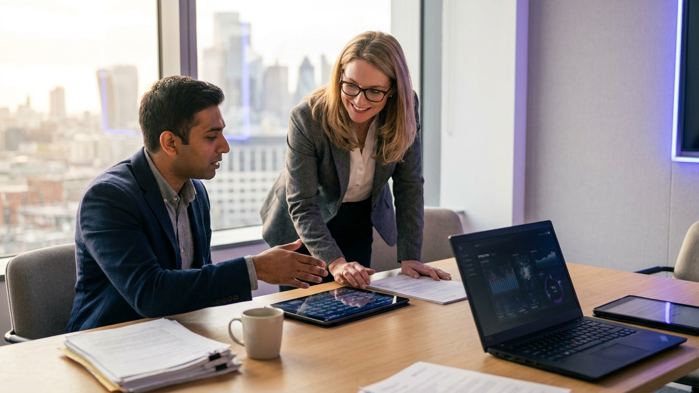 Legal professionals collaborating on digital compliance tools in a UK law firm office
