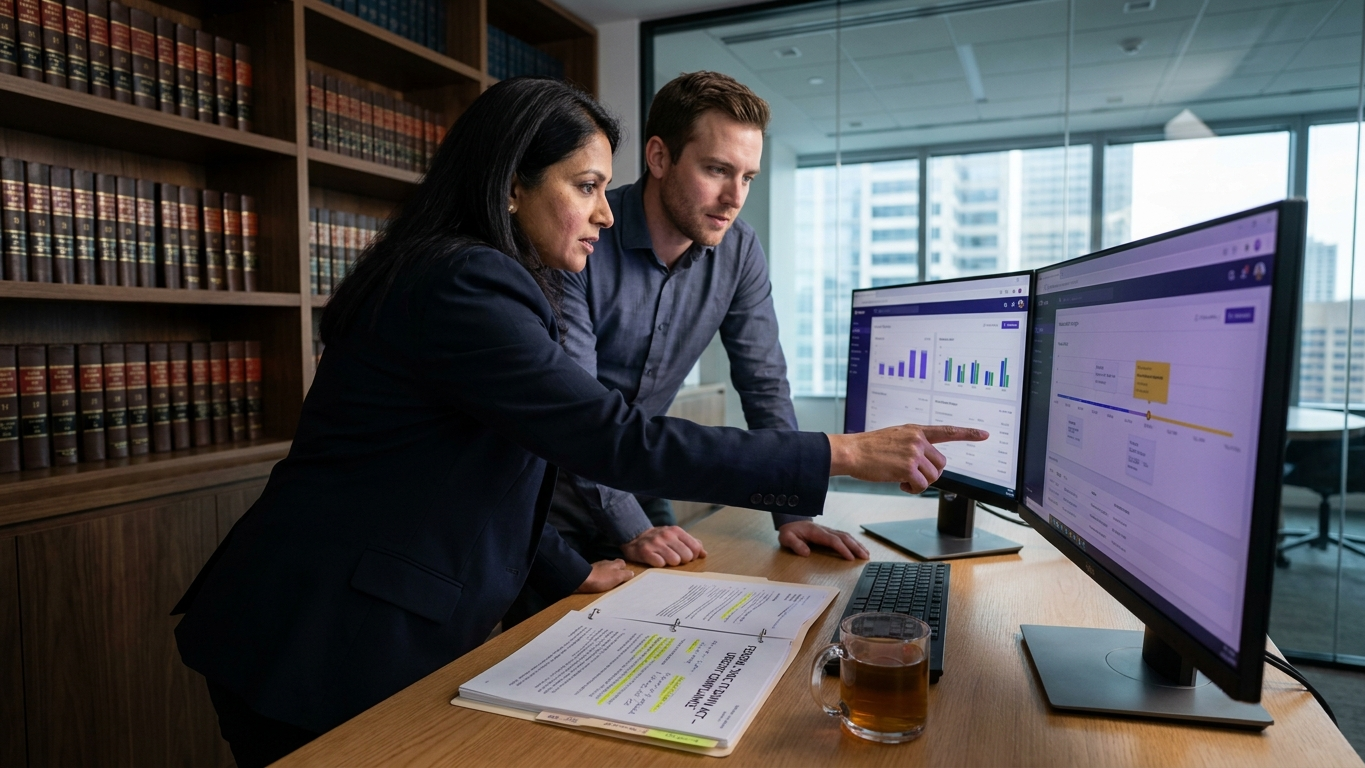 A lawyer examining legal compliance documents on a modern tablet in an office