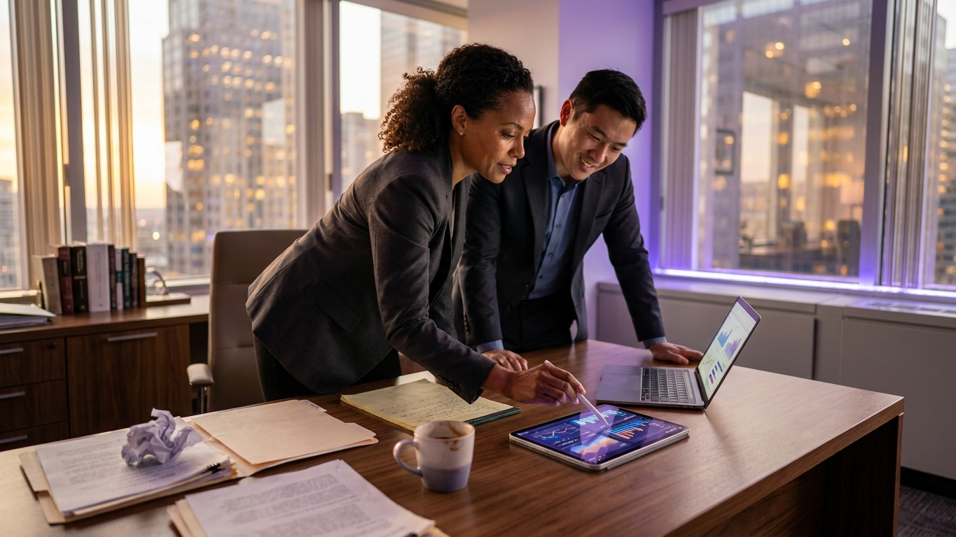 A lawyer reviewing digital analytics on a screen, representing agentic legal AI