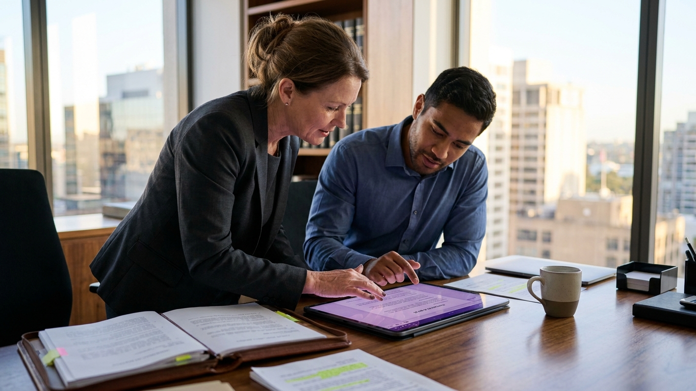 Lawyers using tablets and secure digital tech platforms in a regional corporate Sydney office