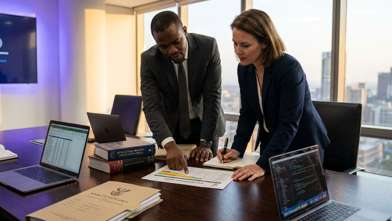 A legal professional reviewing compliance documents on a tablet screen in a sophisticated corporate office