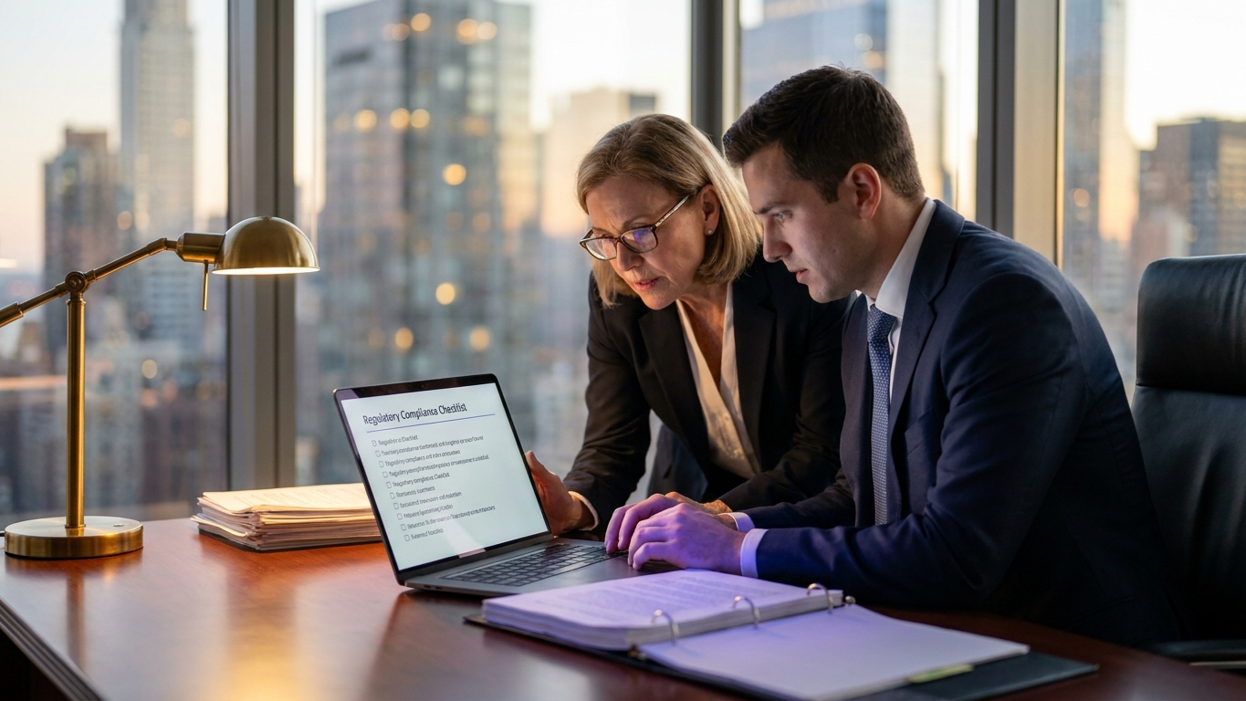 A group of attorneys collaborating in a law office to analyze compliant generative workflows and litigation strategies