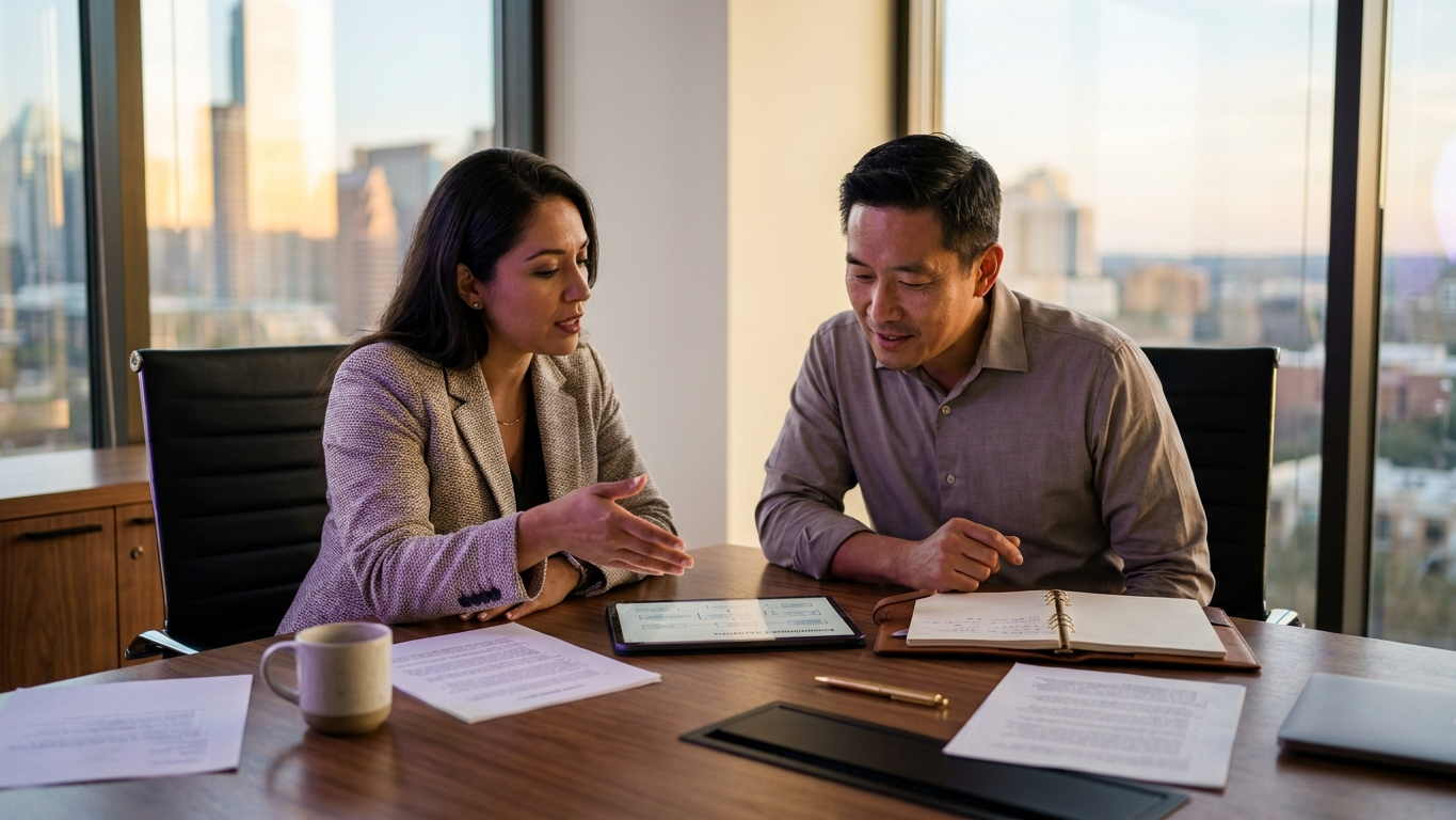 Attorneys discussing AI governance compliance on a laptop