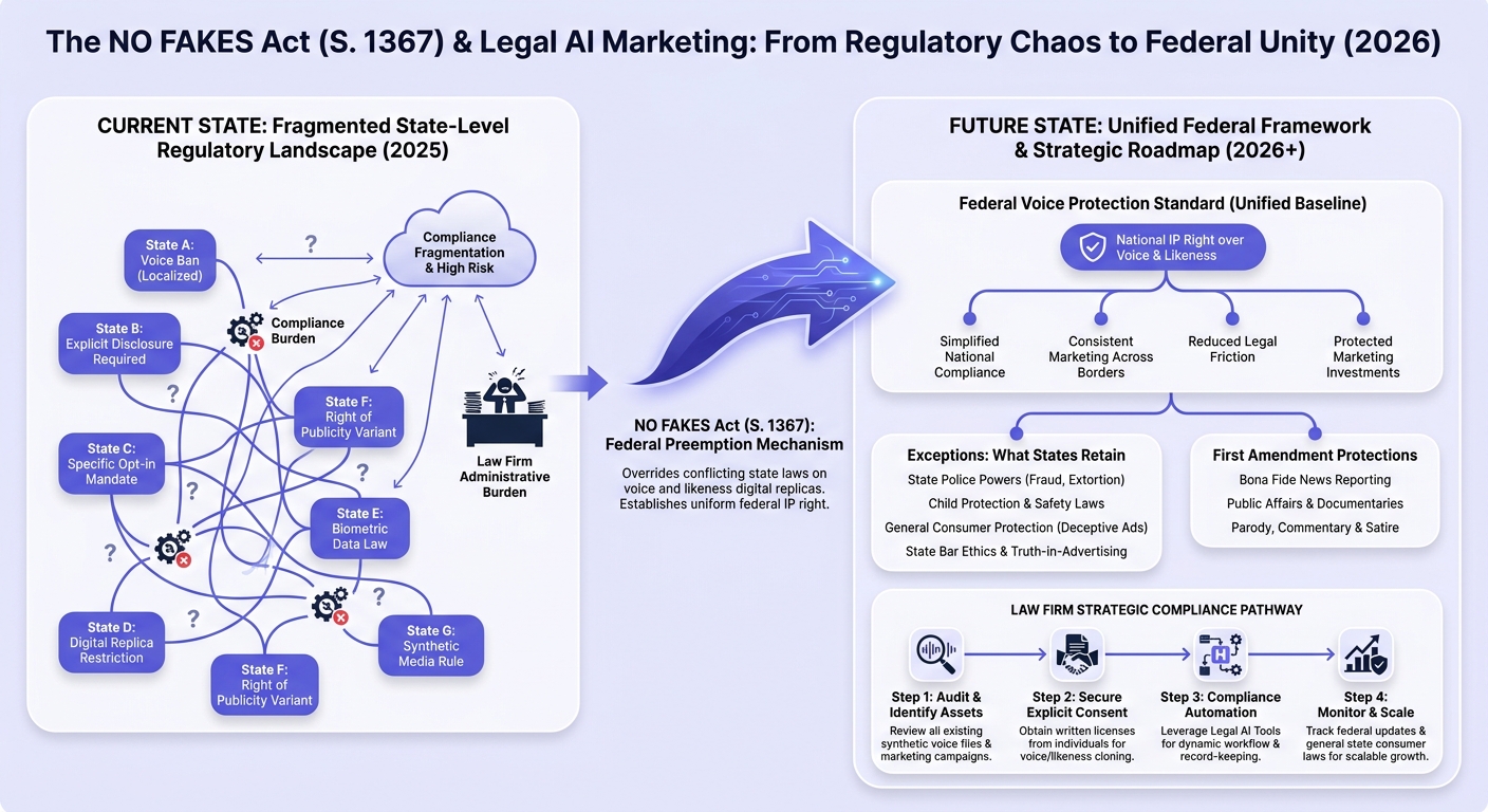 Infographic: The 'No Fakes' Act Preemption: Why Federal Voice Law Overrides State Legal AI Marketing Rules