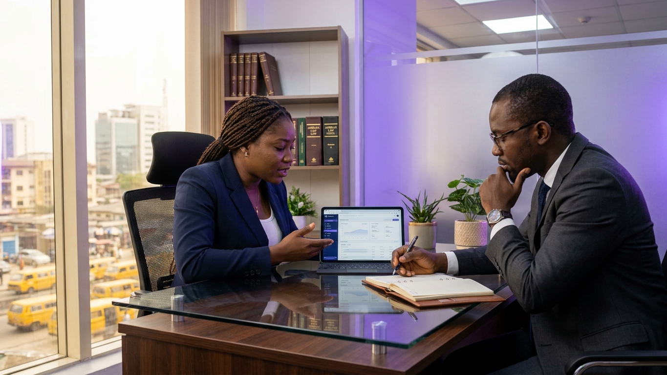 Two experienced Nigerian lawyers collaborating on a secure legal platform in their Lagos-based law firm office