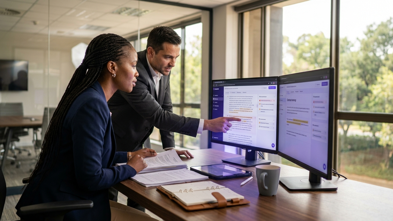 Legal professional collaborating over digitized legal templates in a modern conference room