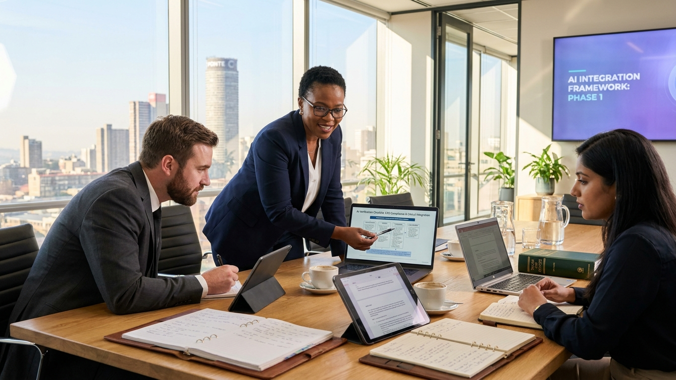Collaborative legal team reviewing AI compliance frameworks on a tablet in a modern office