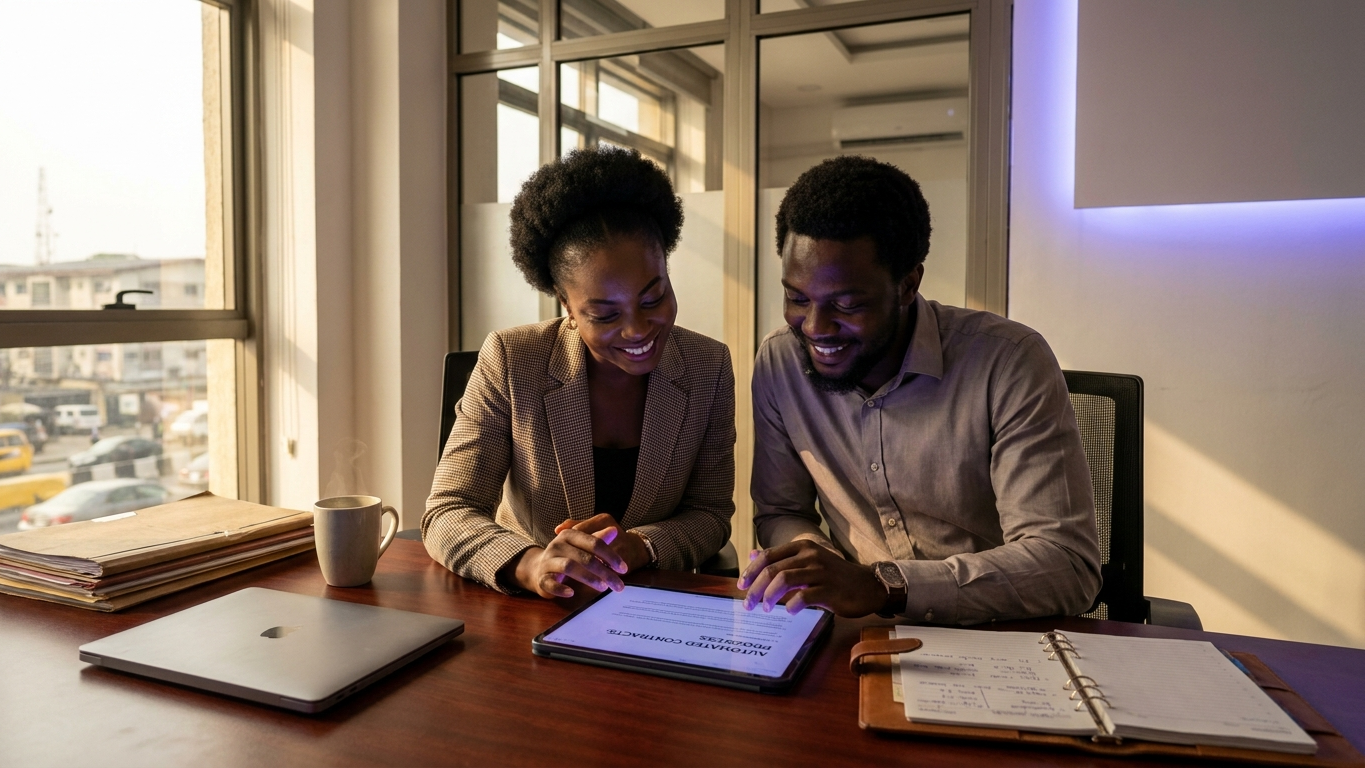 An elegant glass-walled conference room showing high-tech software interfaces used by Nigerian legal tech startups