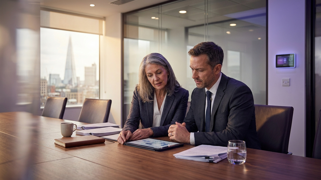 A team of compliance officers in a law firm assessing policy guidelines