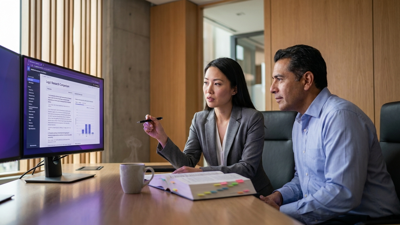 Close-up of a modern office environment with digital screens showcasing contract analytics and document review tools