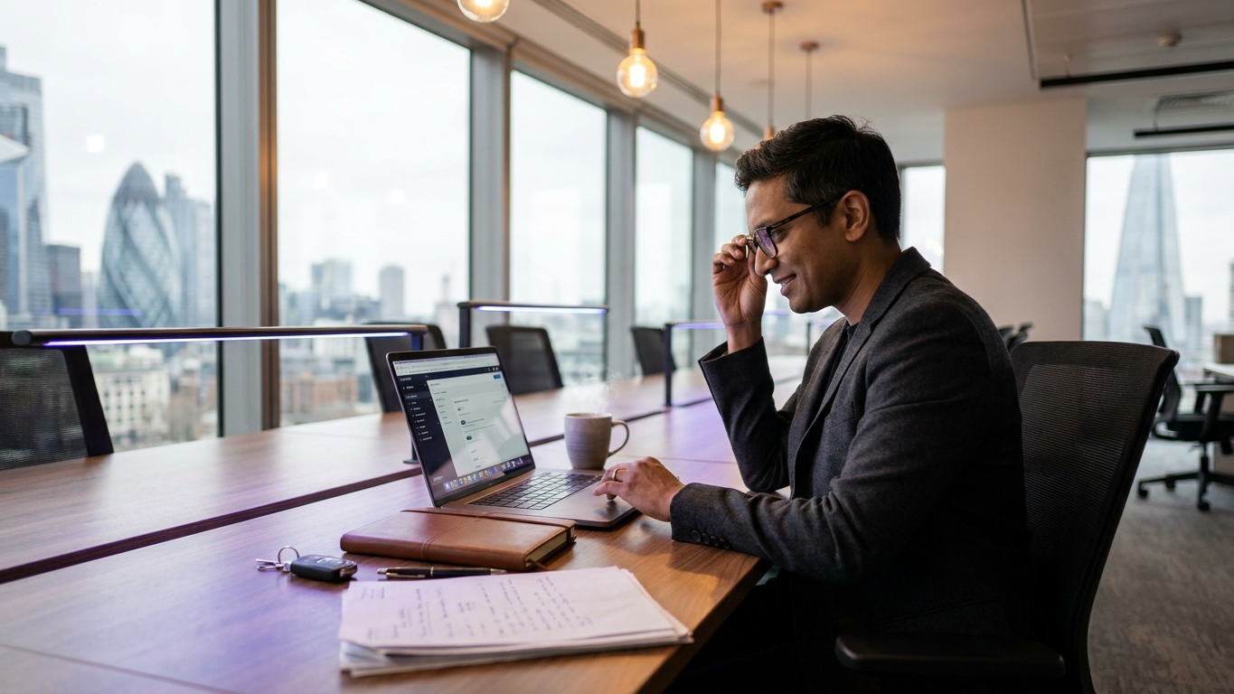 Lawyer working on a desktop tablet analyzing legal contracts using digital assistant technologies
