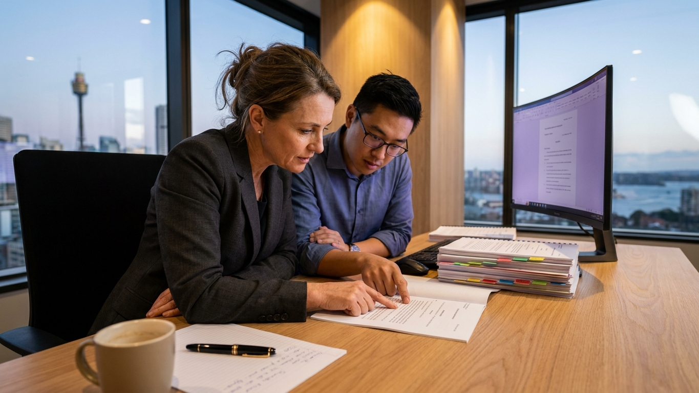 A collaborative Australian legal team reviewing court filings for GPN-AI compliance