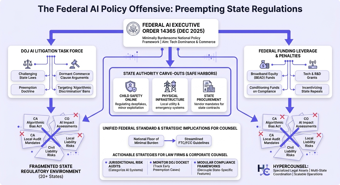 Infographic explaining: The Trump Executive Order Offensive: Understanding the December 2025 National AI Policy Framework and Its Challenge to State 'Algorithmic Discrimination' Bans