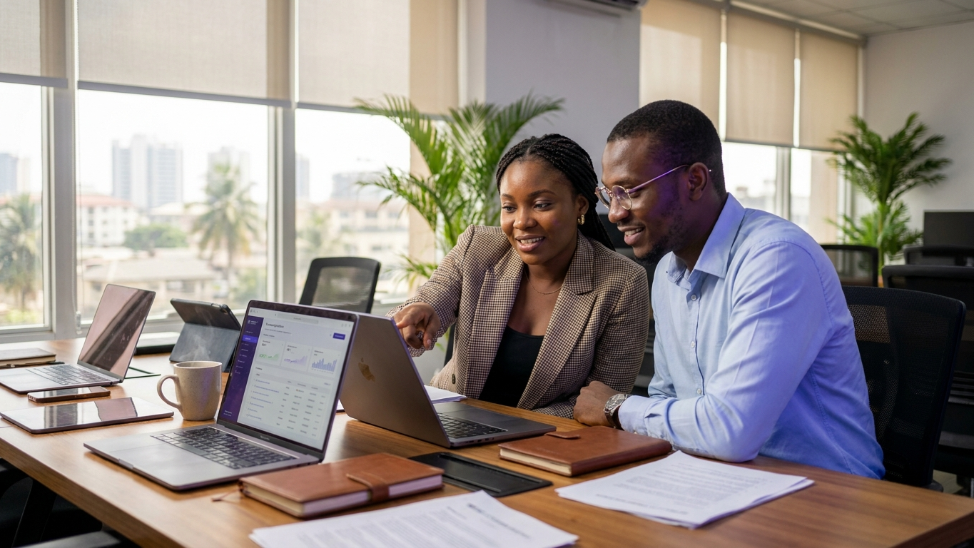 A professional software developer and lawyer in Lagos collaborating on a new legal application development system