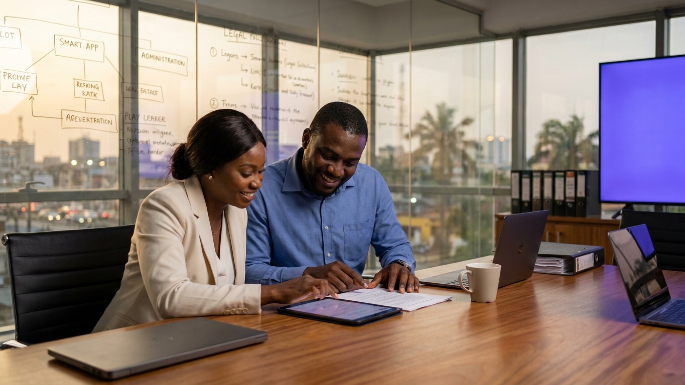 Legal professional reviewing corporate document compliance on tablet