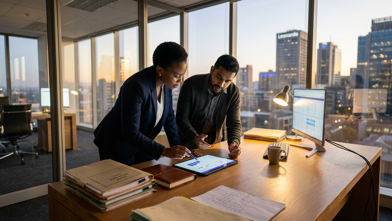 South African legal professional reviewing digital case files in a secure office environment