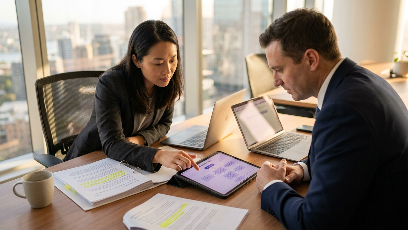 A collaborative meeting of legal and tech experts analyzing copyright compliance policies in Australia