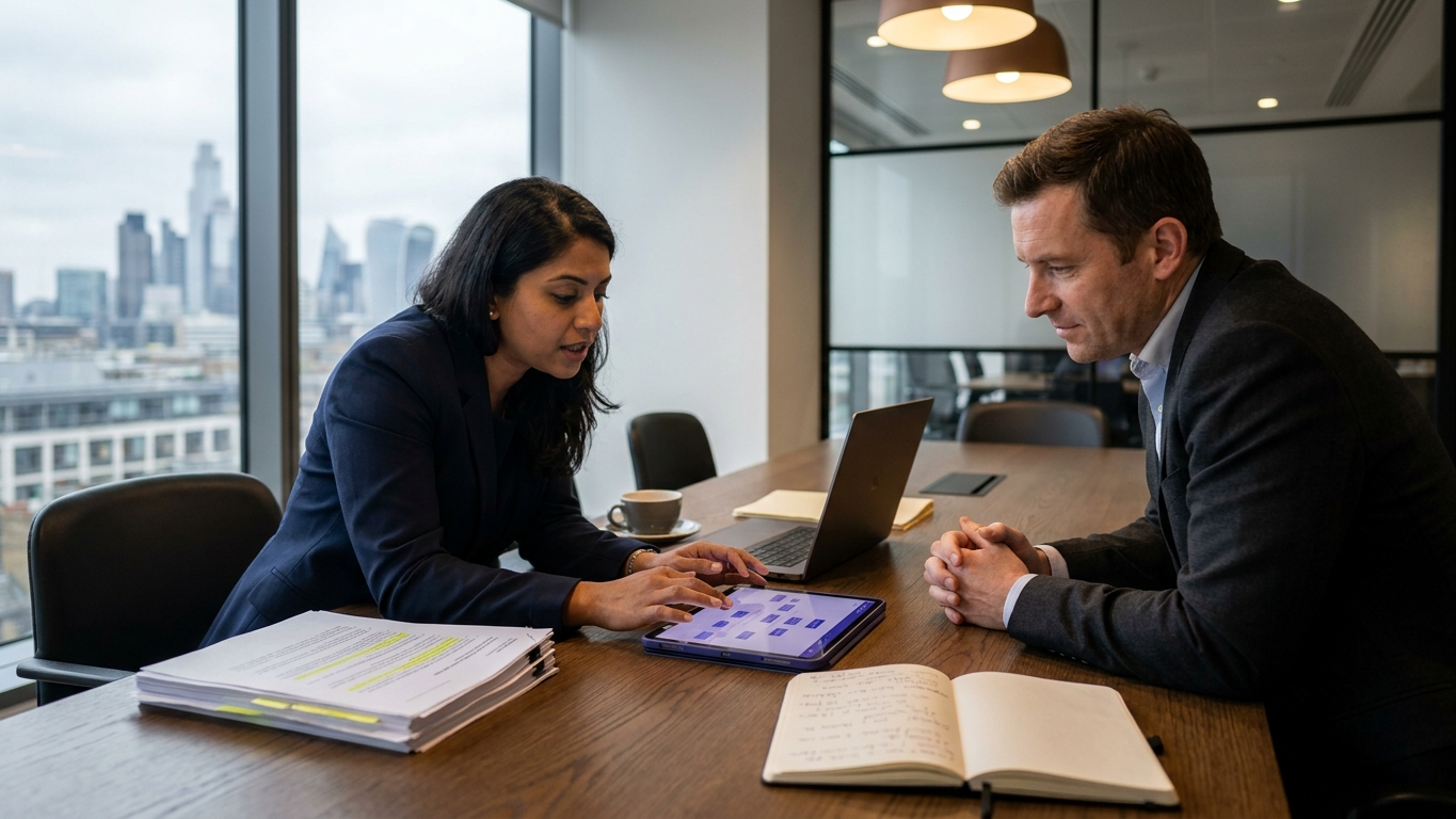 An experienced lawyer using an advanced AI legal assistant tools on a tablet system
