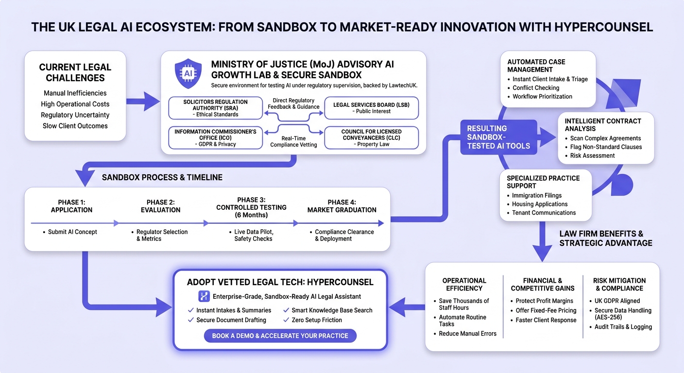 Infographic detailing the Ministry of Justice's Advisory AI Growth Lab sandbox and its impact on UK Legal Tech adoption