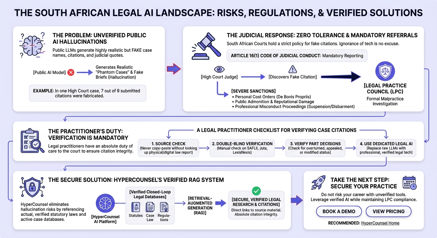 Infographic explaining: Fake Citations, Real Sanctions: How South African Courts Are Referring AI-Hallucinated Briefs to the LPC for Malpractice Investigation