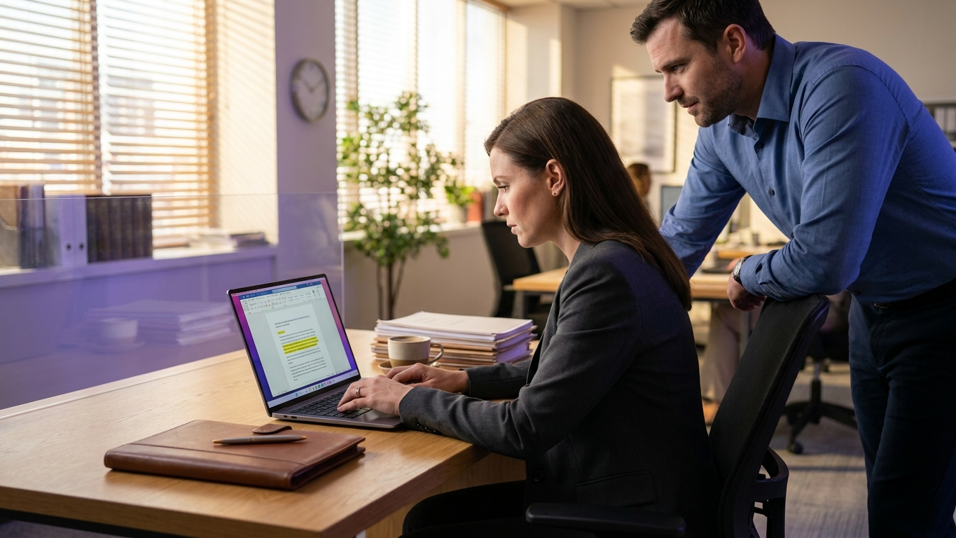 A professional legal team collaborating on compliance and tech deployment policies in a modern space