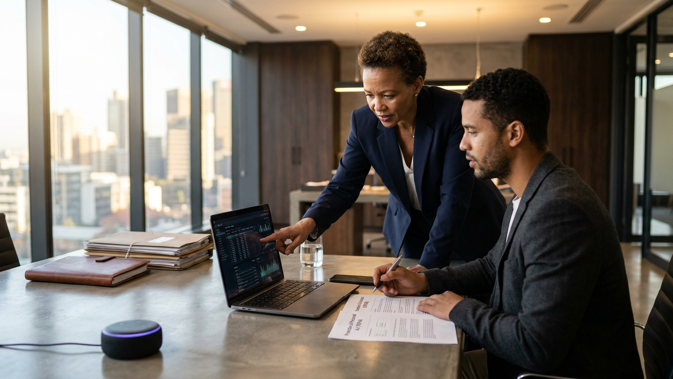 Concept of human lawyer reviewing analytical data on a screen