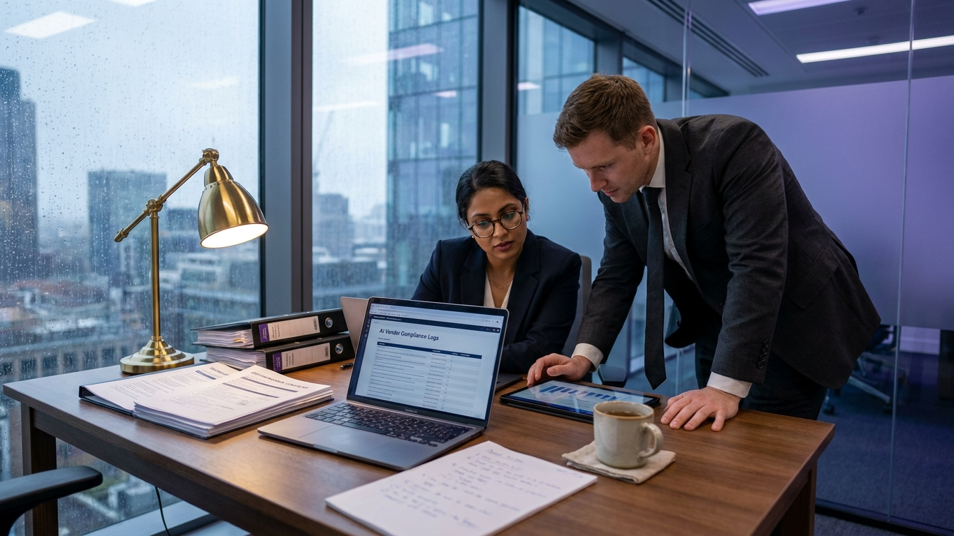 A commercial real estate lawyer reviewing digital files and compliance checklists on a tablet