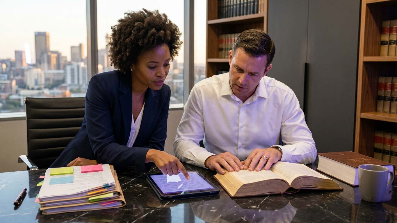 A legal editor carefully auditing a digital contract on a tablet screen using professional redlining software