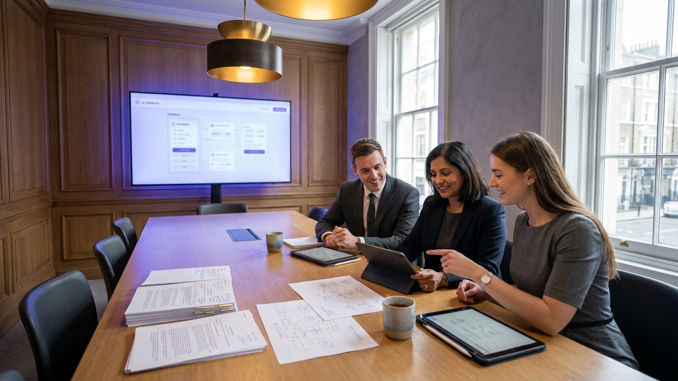 A legal professional analyzing document automation analytics on a computer screen in a contemporary UK legal workplace