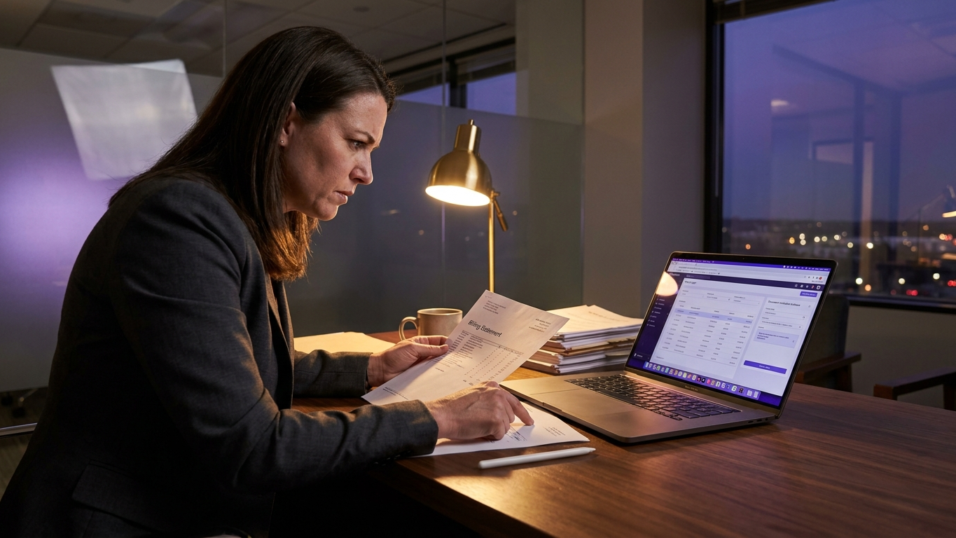 A close-up shot of an attorney reviewing AI generated contracts on clean tablet screens