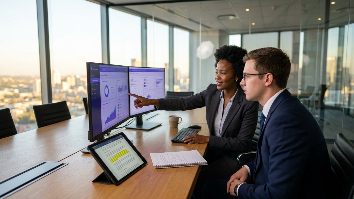 A legal professional analyzing contract analytics and document metadata on a screen