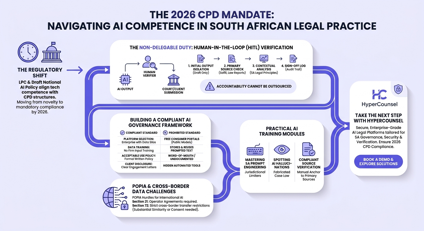Infographic explaining: The 2026 CPD Mandate: Integrating AI Competence into South African Legal Training