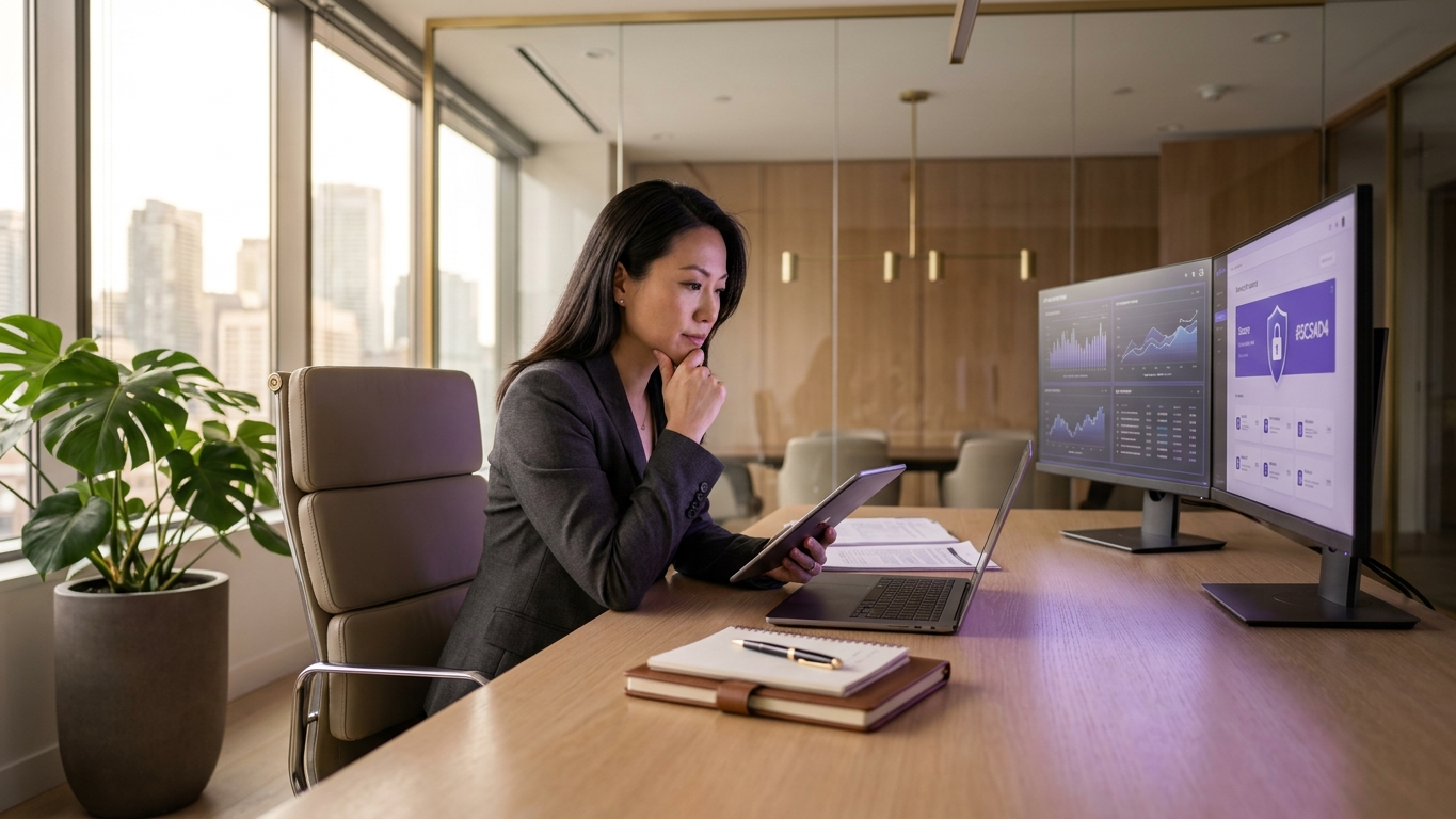 Lawyers collaborating to assess AI tools and administrative software safeguarding data privacy